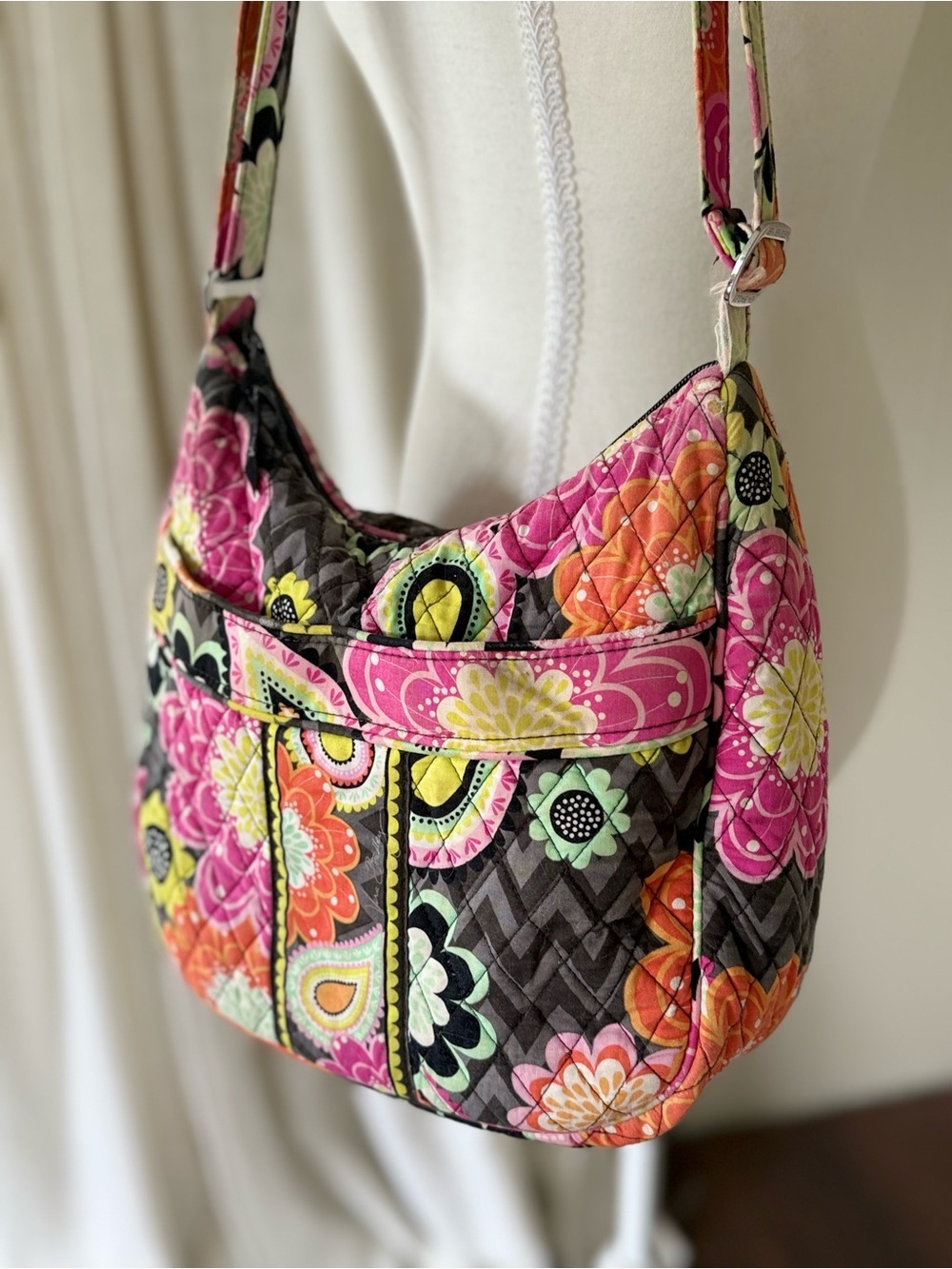 Vintage Vera Bradley Ziggy zinnia Cotton Quilted Floral Shoulder hobo Bag Pink - Picture 4 of 11